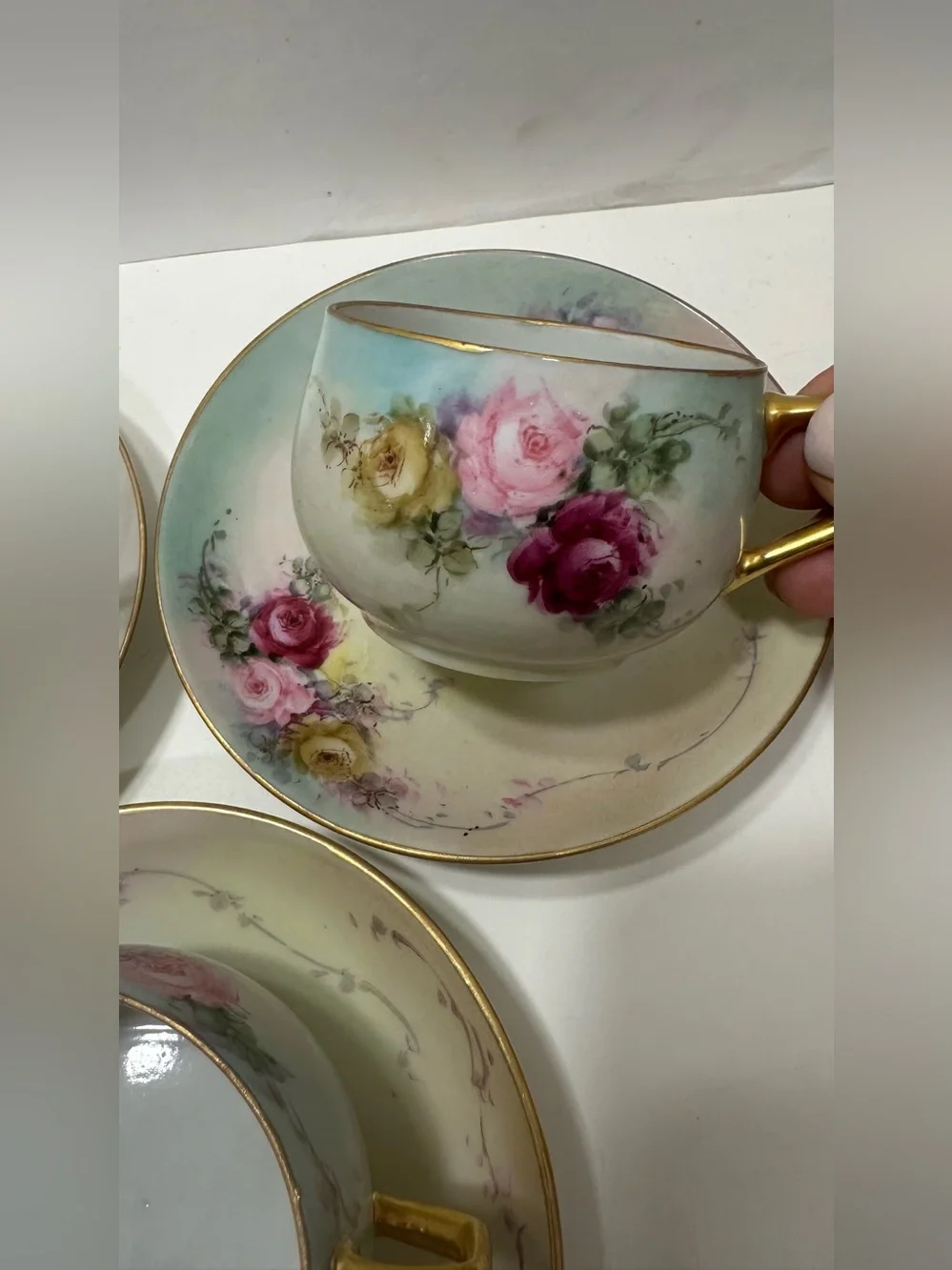 Lot Of 3 Unmarked Bavarian Style Hand Painted Porcelain Tea Cup Set Aqua Blue
